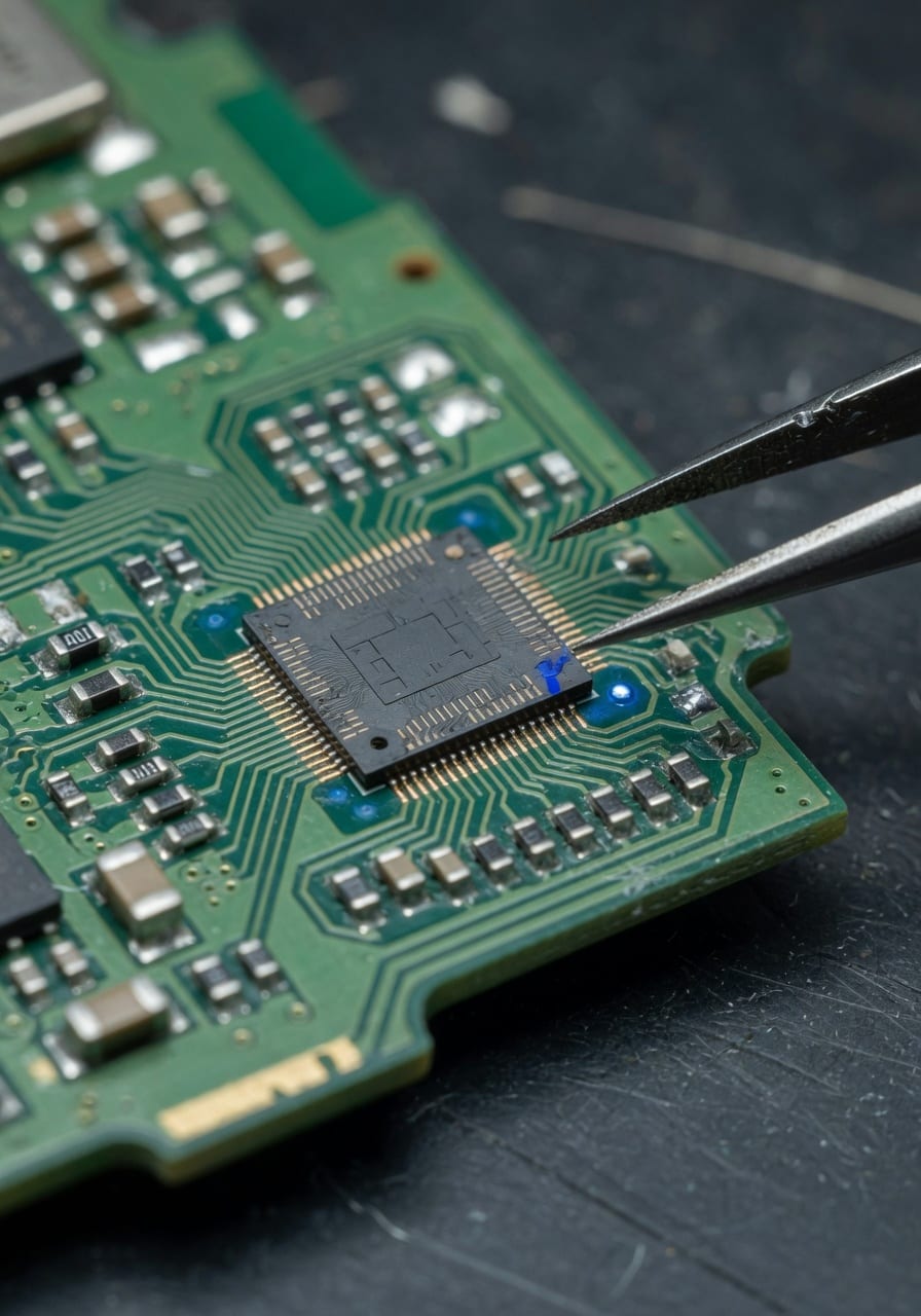 Extreme macro of a custom PCB with a bare die at its center.