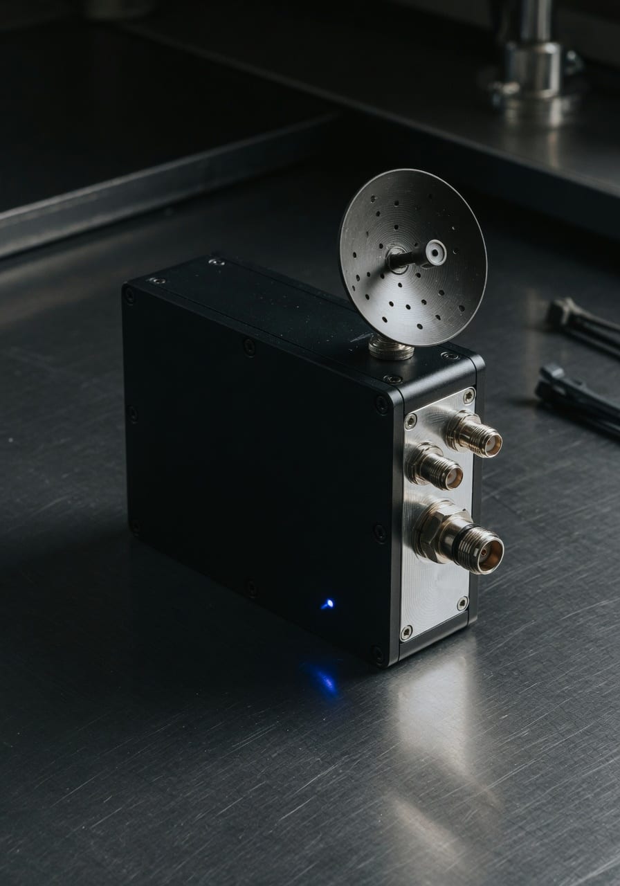 A shielded RF communications enclosure with a precision antenna on a steel bench.